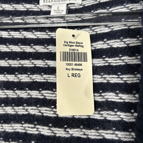 LL Bean women size L signature wool blend long cardigan navy white belted NEW - Picture 13 of 15